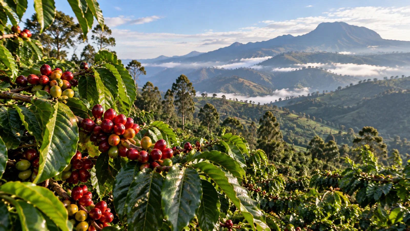 Arabica coffee cherries ripening on a branch in front of misty mountain ridges at sunrise
