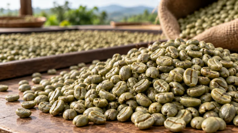 Close-up of green Robusta coffee beans heaped on a wooden surface with drying tables in the background
