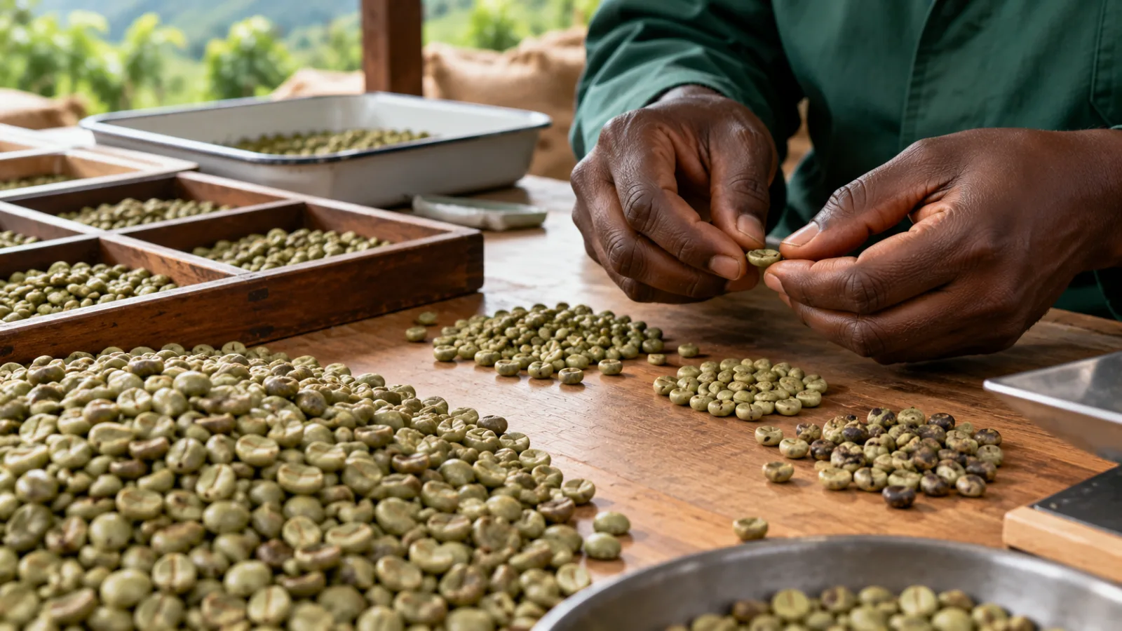 Hands sorting green coffee beans on a wooden table, separating defective black beans from sound beans, with sample trays alongside