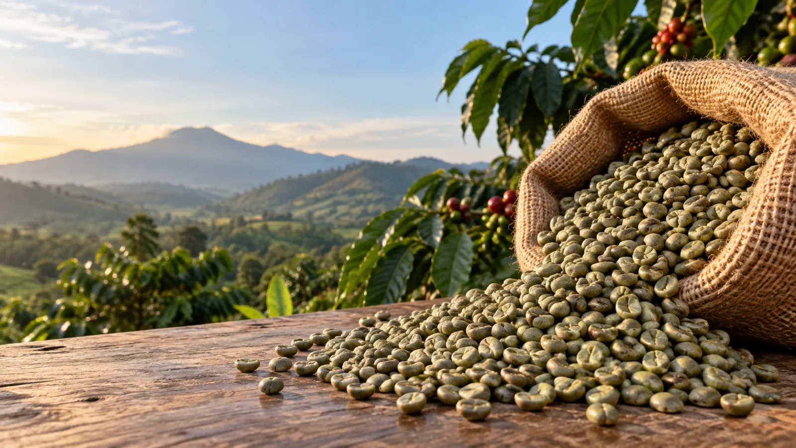 Green coffee beans spilling from a jute sack on a wooden table, with coffee trees and Ugandan highlands behind