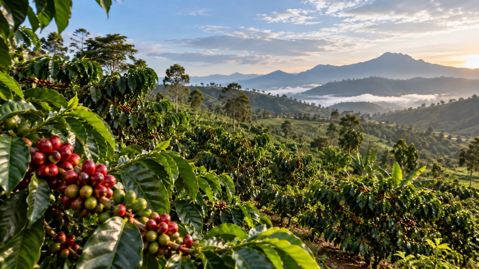 Ripe red coffee cherries on a branch in a highland coffee garden with mountains and mist in the distance